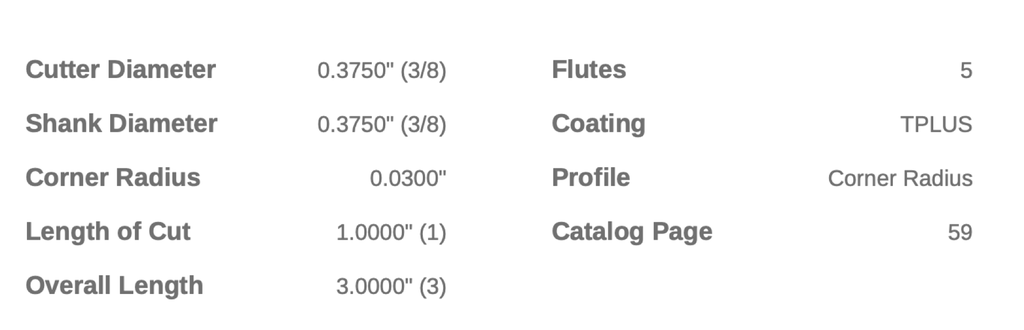 59870 .3750 DIA 1.000 LOC .030CR 5FL HELICAL CMV